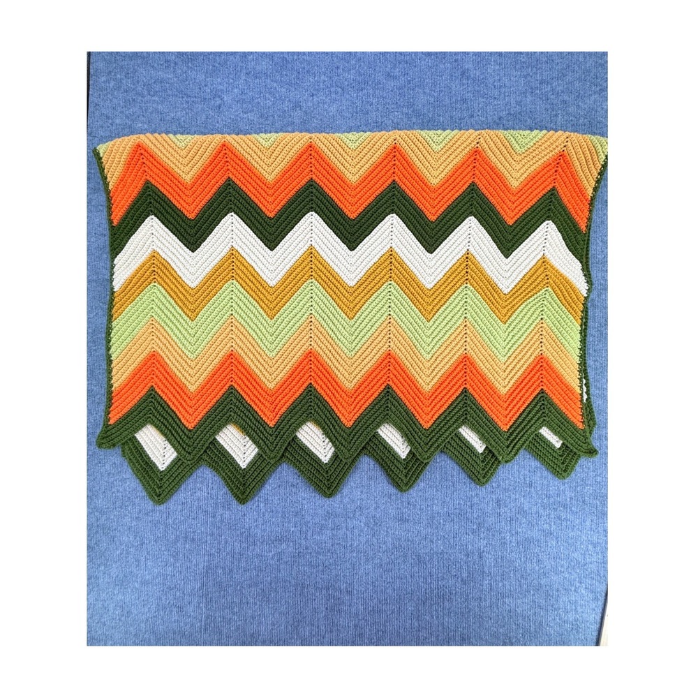 Vintage Handmade Crochet Chevron Ripple Afghan Blanket Orange Green Yellow 70s